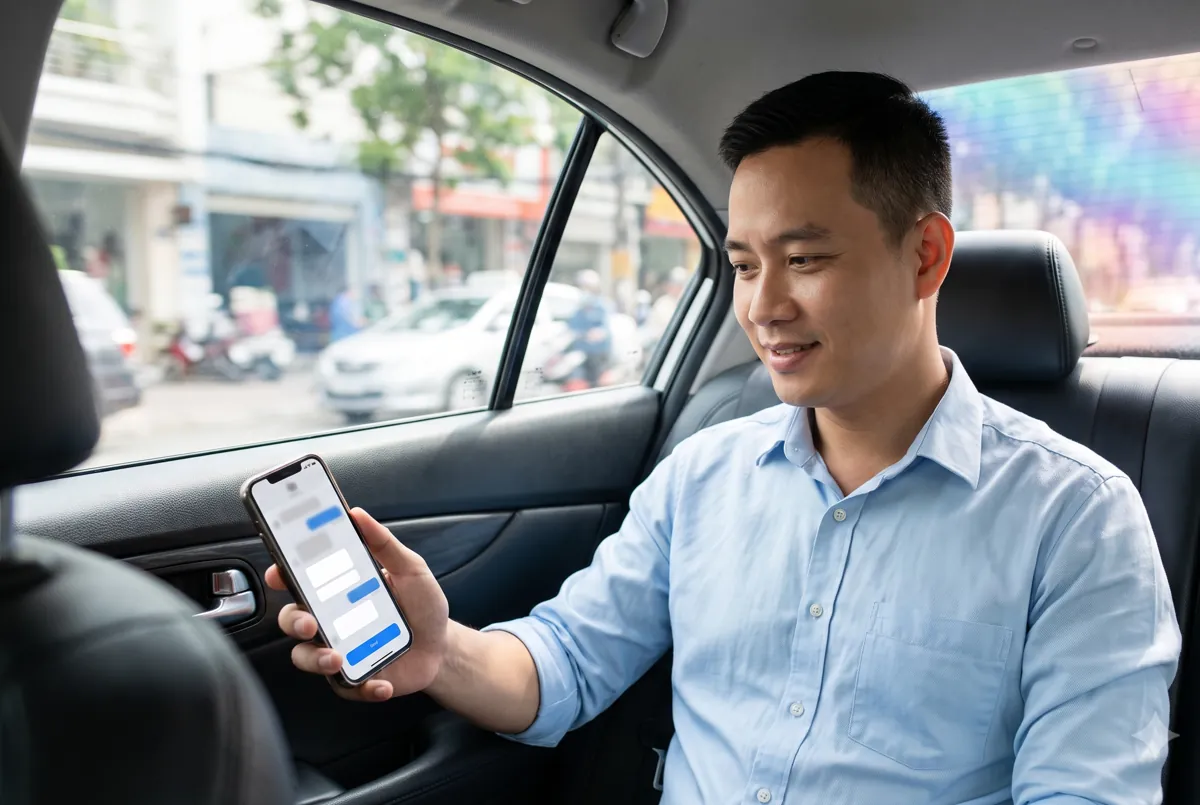 Chủ doanh nghiệp ngồi trên xe nói chuyện với trợ lý AI trên điện thoại