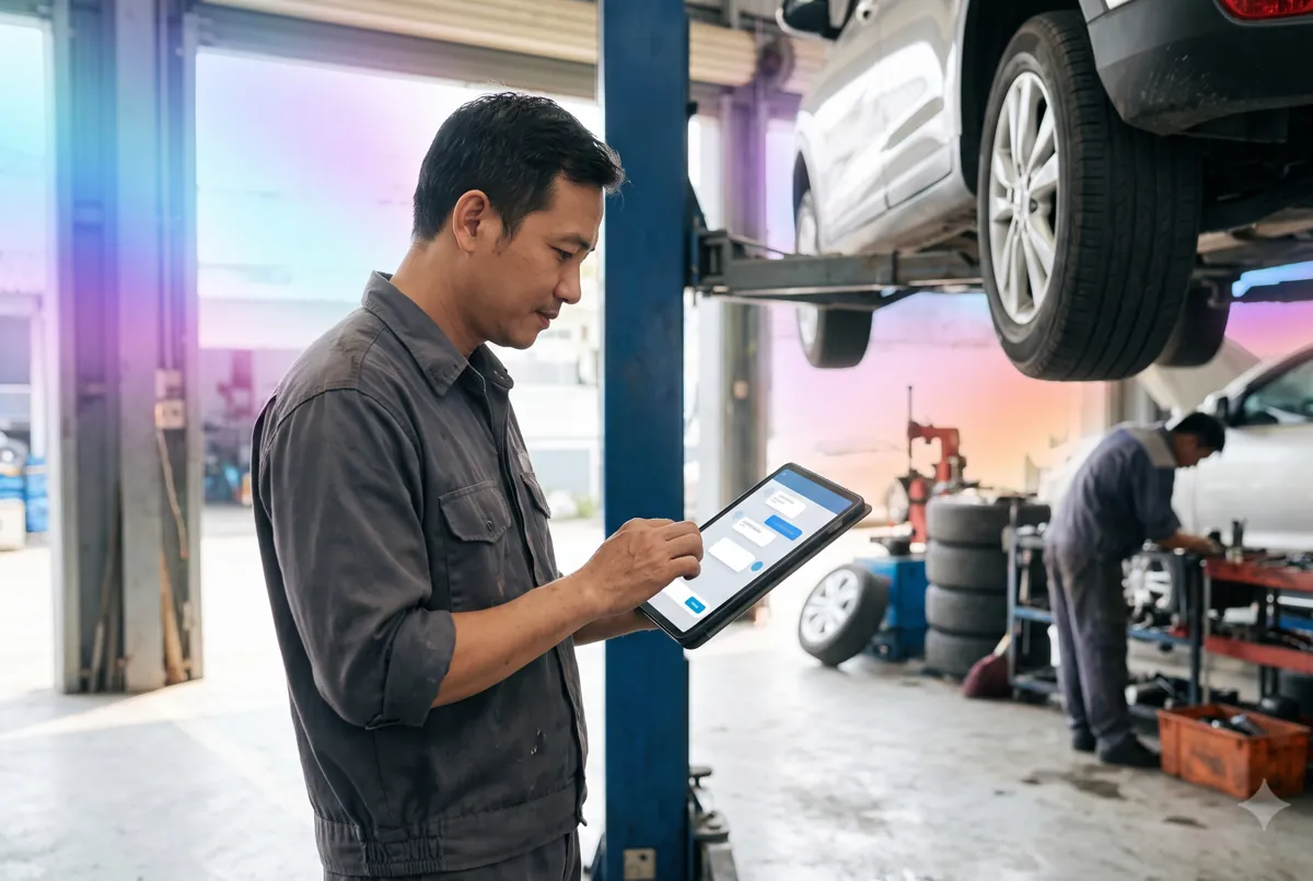 Chủ gara ô tô xem lịch bảo dưỡng của khách trên máy tính bảng