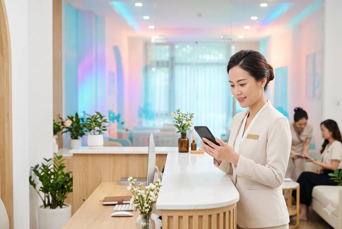 Chủ spa ở quầy xem danh sách khách hẹn hôm nay trên điện thoại