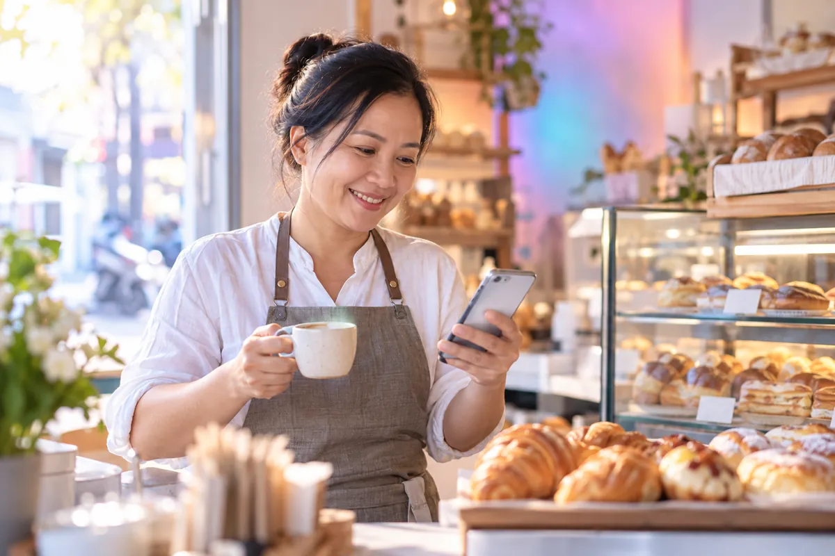 Chủ tiệm bánh buổi sáng đọc bản tin trợ lý gửi trên điện thoại