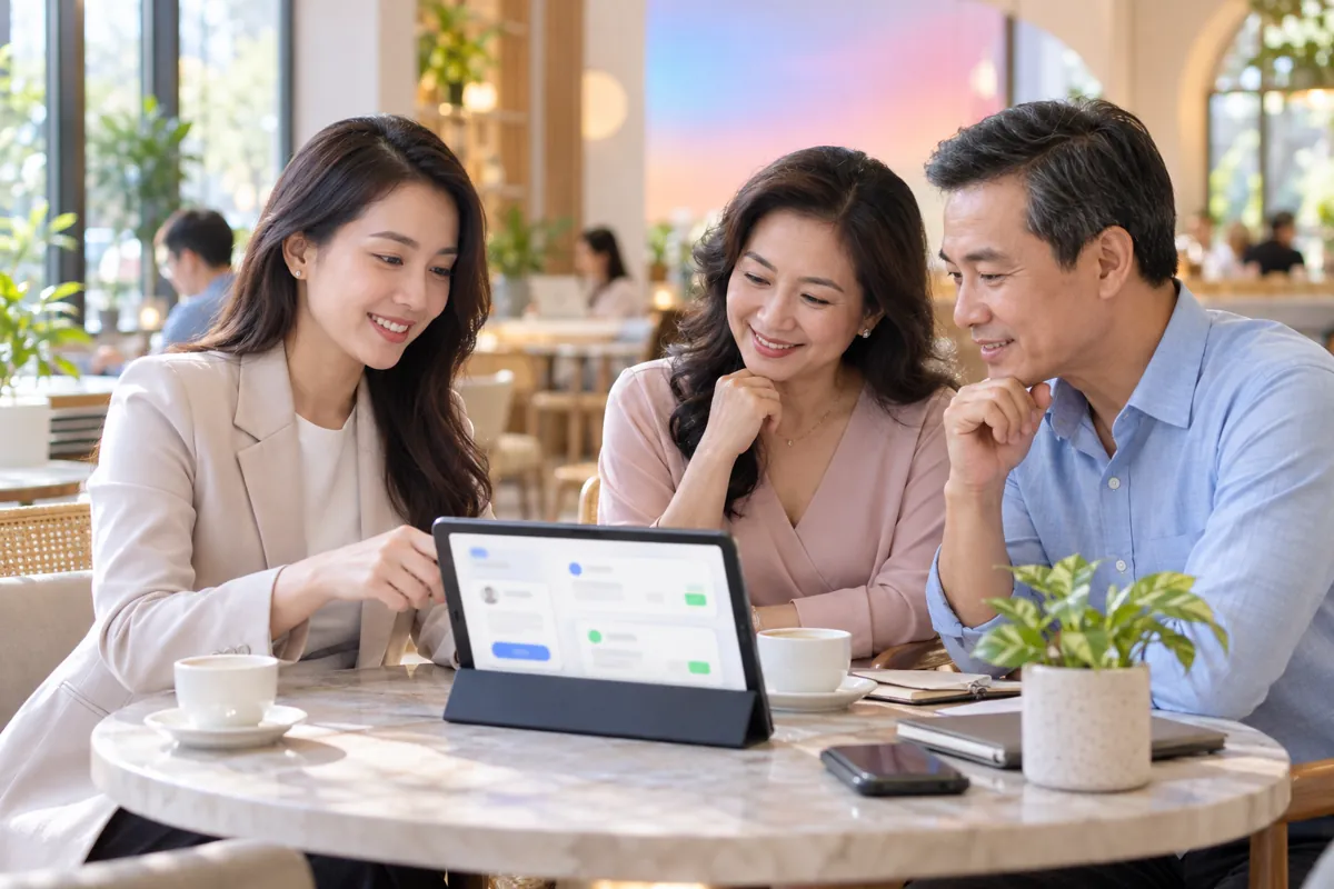 Đại lý bảo hiểm tư vấn cặp vợ chồng ở quán cà phê bằng máy tính bảng