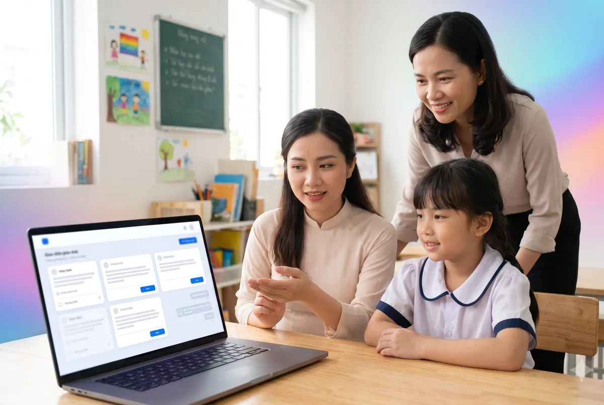 Giáo viên và phụ huynh xem lịch học, học phí trên laptop