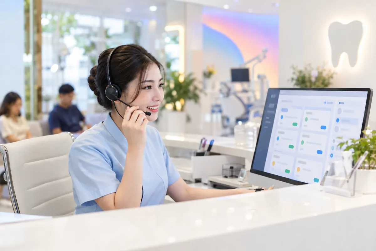 Lễ tân phòng khám nha khoa đeo tai nghe, nhìn danh sách lịch hẹn trên màn hình