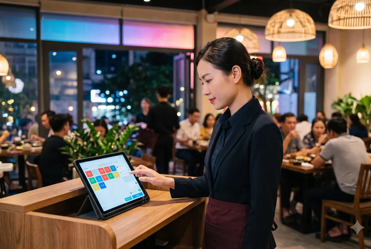 Quản lý nhà hàng xem danh sách đặt bàn trên máy tính bảng