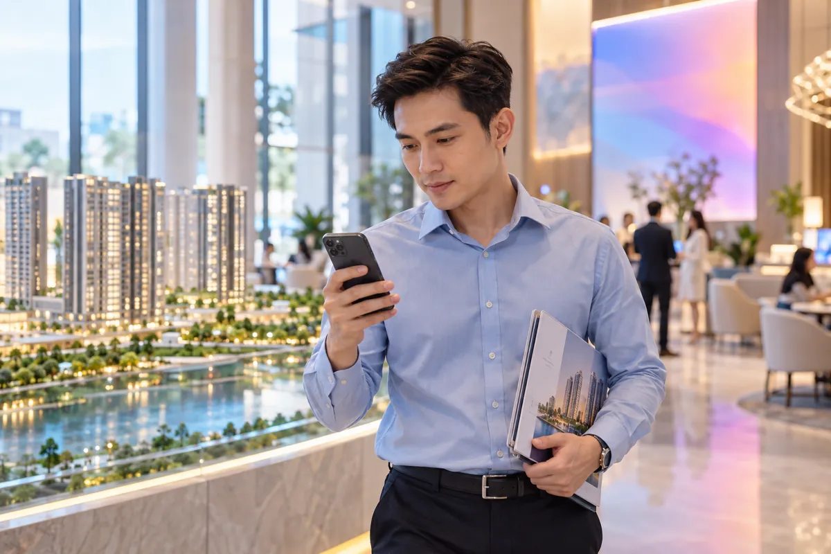 Nhân viên kinh doanh bất động sản ở sảnh dự án xem lời nhắc gọi lại khách trên điện thoại